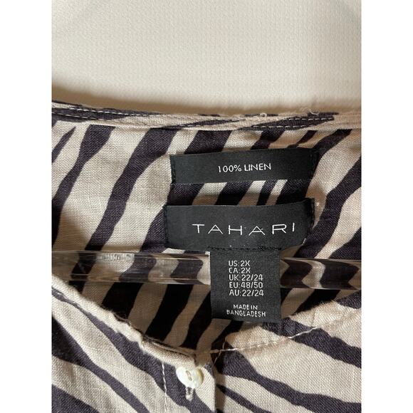 Tahari Brown White Zebra Print 100% Linen Long Sleeve Button Down Blouse Size 2X - Picture 3 of 4